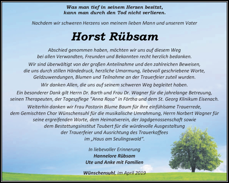  Traueranzeige für Horst Rübsam vom 16.04.2019 aus Südthüringer Presse