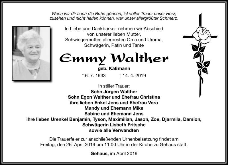  Traueranzeige für Emmy Walther vom 23.04.2019 aus Südthüringer Presse