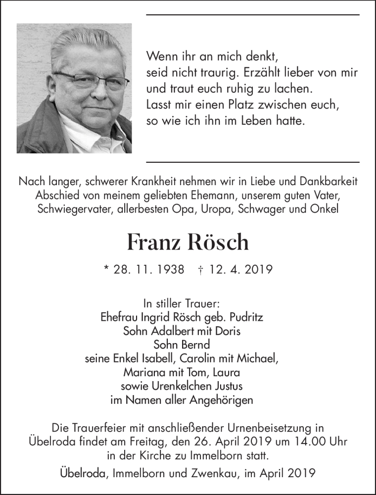  Traueranzeige für Franz Rösch vom 20.04.2019 aus Südthüringer Presse