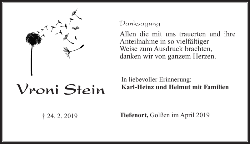  Traueranzeige für Vroni Stein vom 03.04.2019 aus Südthüringer Presse