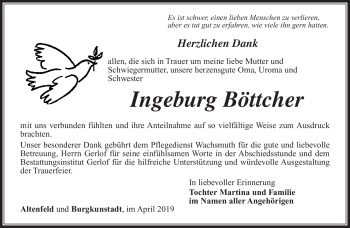 Traueranzeige von Ingeburg Böttcher von Südthüringer Presse