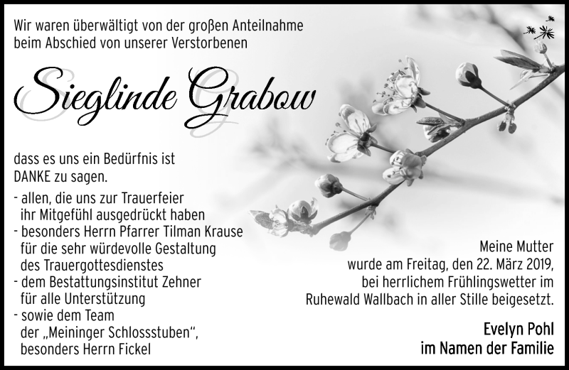  Traueranzeige für Sieglinde Grabow vom 06.04.2019 aus Südthüringer Presse