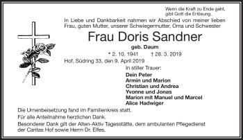 Traueranzeige von Doris Sandner von Frankenpost