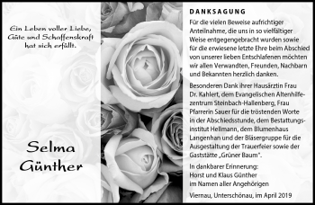 Traueranzeige von Selma Günther von Südthüringer Presse