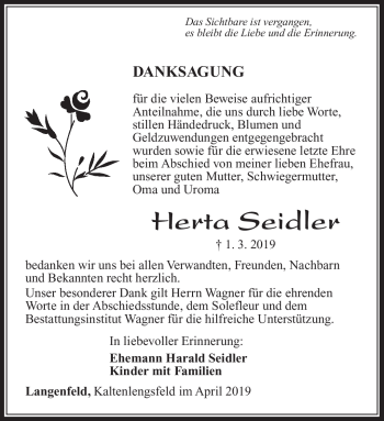 Traueranzeige von Herta Seidler von Südthüringer Presse