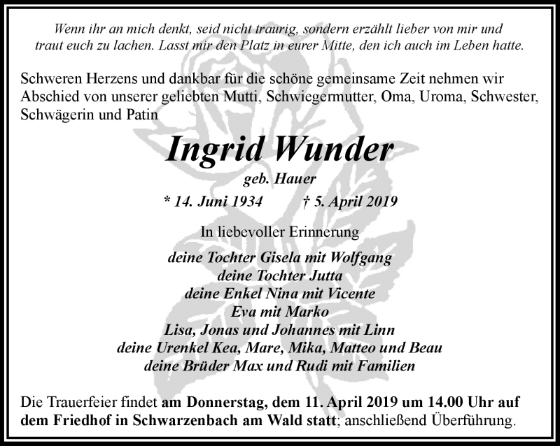 Traueranzeige für Ingrid Wunder vom 09.04.2019 aus Frankenpost