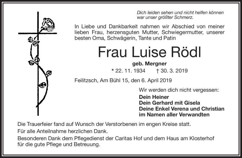  Traueranzeige für Luise Rödl vom 06.04.2019 aus Frankenpost