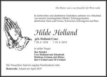 Traueranzeige von Hilde Holland von Südthüringer Presse