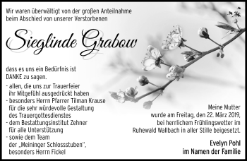 Traueranzeige von Sieglinde Grabow von Südthüringer Presse