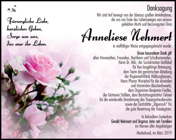 Traueranzeige von Anneliese Nehmert von Südthüringer Presse