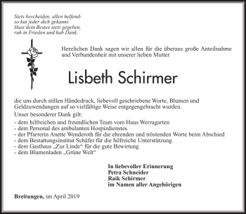 Traueranzeige von Lisbeth Schirmer von Südthüringer Presse