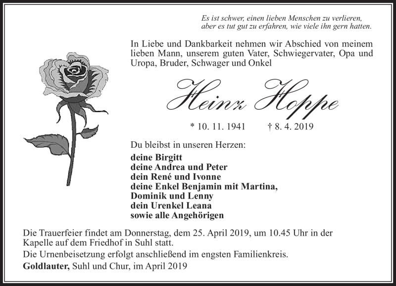  Traueranzeige für Heinz Hoppe vom 13.04.2019 aus Südthüringer Presse