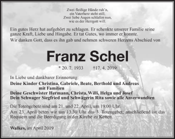 Traueranzeige von Franz Schel von Südthüringer Presse