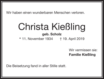 Traueranzeige von Christa Kießling von Frankenpost