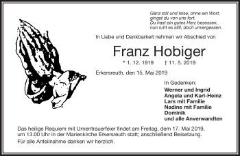 Traueranzeige von Franz Hobiger von Frankenpost