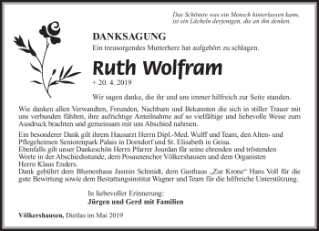 Traueranzeige von Ruht Wolfram von Südthüringer Presse