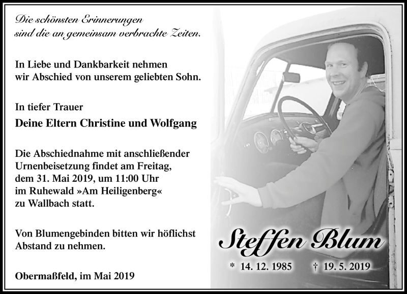  Traueranzeige für Steffen Blum vom 28.05.2019 aus Südthüringer Presse