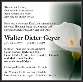 Traueranzeige von Walter Dieter Geyer von Frankenpost
