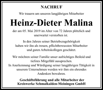 Traueranzeige von Heinz-Dieter Malina von Südthüringer Presse