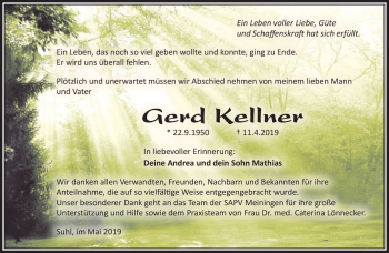 Traueranzeige von Gerd Kellner von Südthüringer Presse