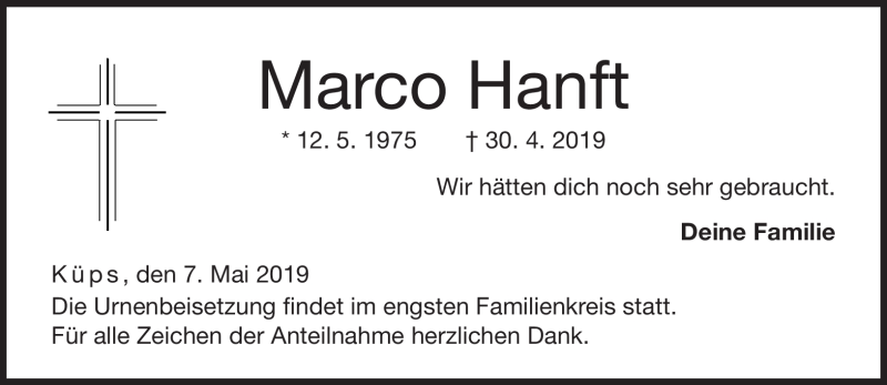 Traueranzeigen von Marco Hanft frankengedenkt.de