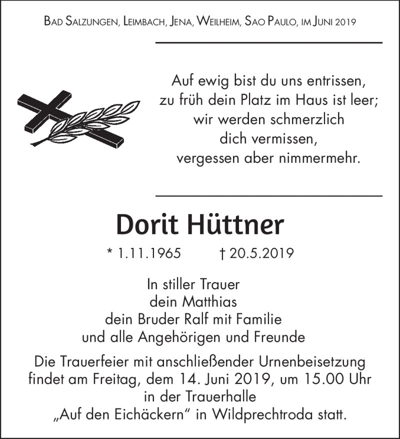 Traueranzeige für Dorit Hüttner vom 08.06.2019 aus Südthüringer Presse