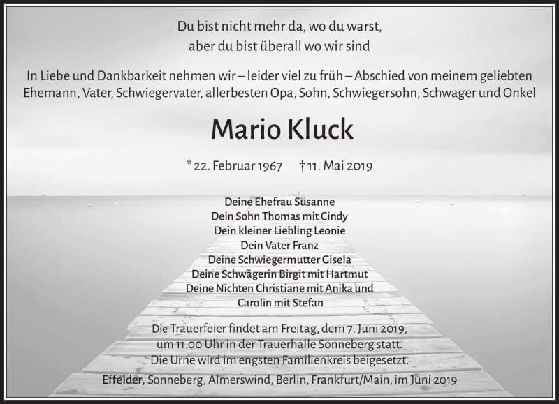  Traueranzeige für Mario Kluck vom 01.06.2019 aus Südthüringer Presse