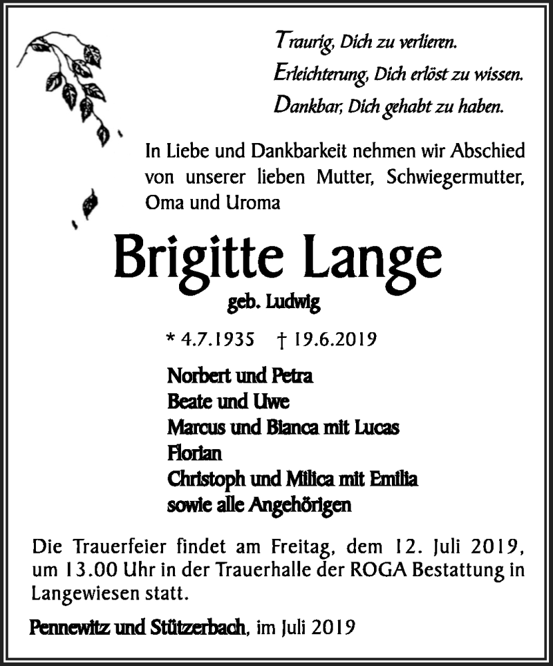  Traueranzeige für Brigitte Lange vom 06.07.2019 aus Südthüringer Presse