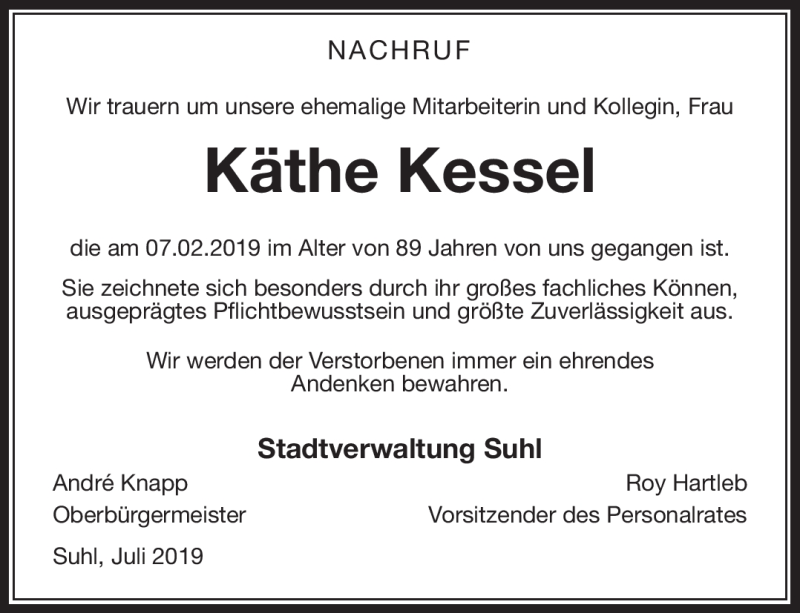  Traueranzeige für Käthe Kessel vom 13.07.2019 aus Südthüringer Presse