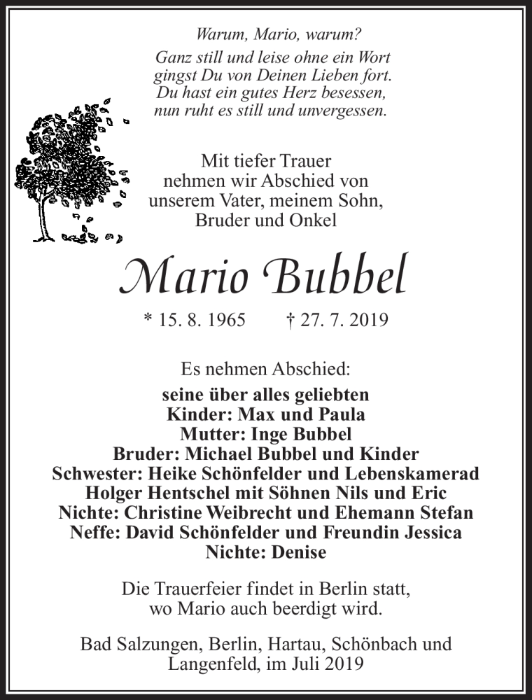  Traueranzeige für Mario Bubbel vom 31.07.2019 aus Südthüringer Presse