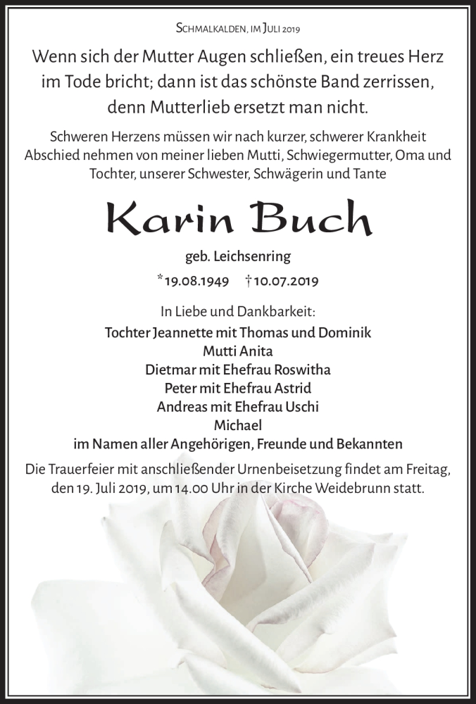  Traueranzeige für Karin Buch vom 13.07.2019 aus Südthüringer Presse