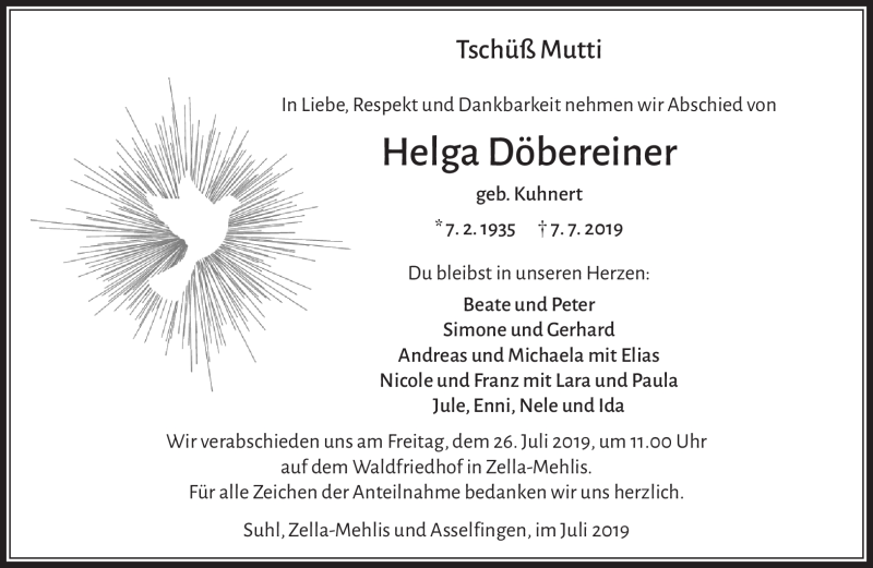  Traueranzeige für Helga Döbereiner vom 13.07.2019 aus Südthüringer Presse