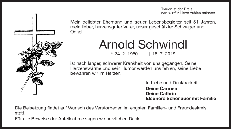  Traueranzeige für Arnold Schwindl vom 20.07.2019 aus Frankenpost