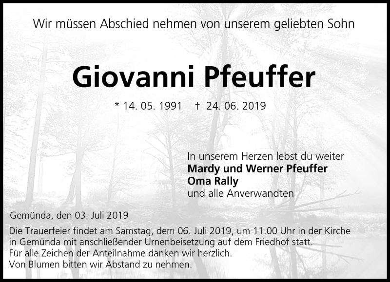  Traueranzeige für Giovanni Pfeuffer vom 03.07.2019 aus Neue Presse Coburg