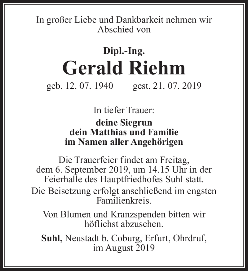  Traueranzeige für Gerald Riehm vom 10.08.2019 aus Südthüringer Presse
