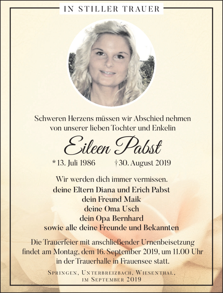  Traueranzeige für Eileen Pabst vom 10.09.2019 aus Südthüringer Presse