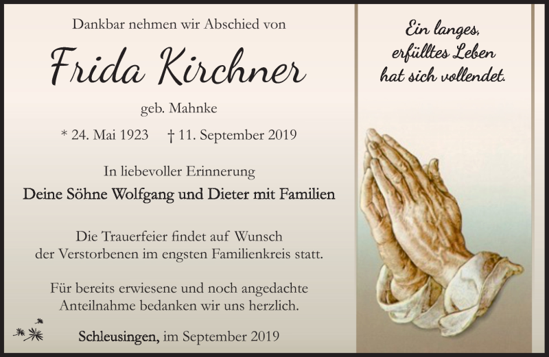  Traueranzeige für Frida Krichner vom 28.09.2019 aus Südthüringer Presse
