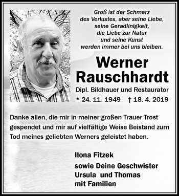 Traueranzeige von Werner Rauschhardt von Südthüringer Presse