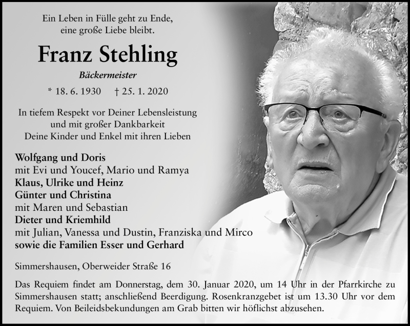  Traueranzeige für Franz Stehling vom 28.01.2020 aus Südthüringer Presse