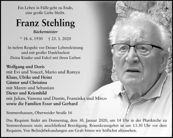 Traueranzeige von Franz Stehling von Südthüringer Presse