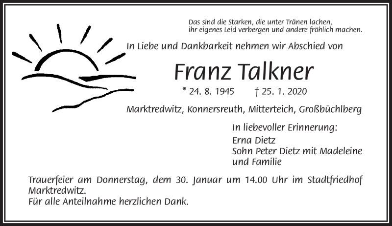  Traueranzeige für Franz Talkner vom 28.01.2020 aus Frankenpost