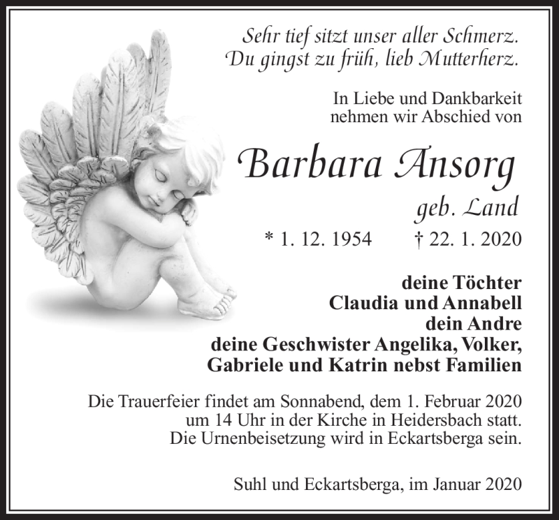  Traueranzeige für Barbara Ansorg vom 29.01.2020 aus Südthüringer Presse