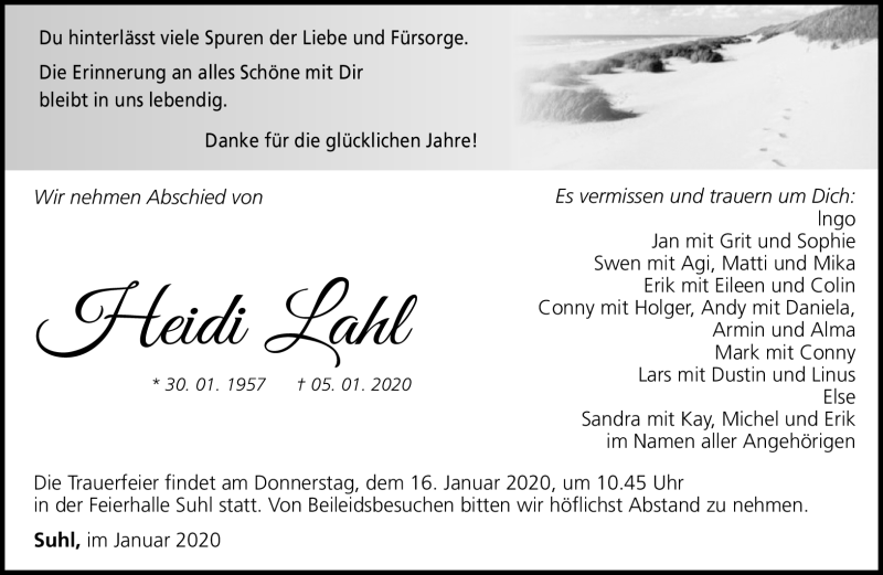  Traueranzeige für Heidi Lahl vom 11.01.2020 aus Südthüringer Presse