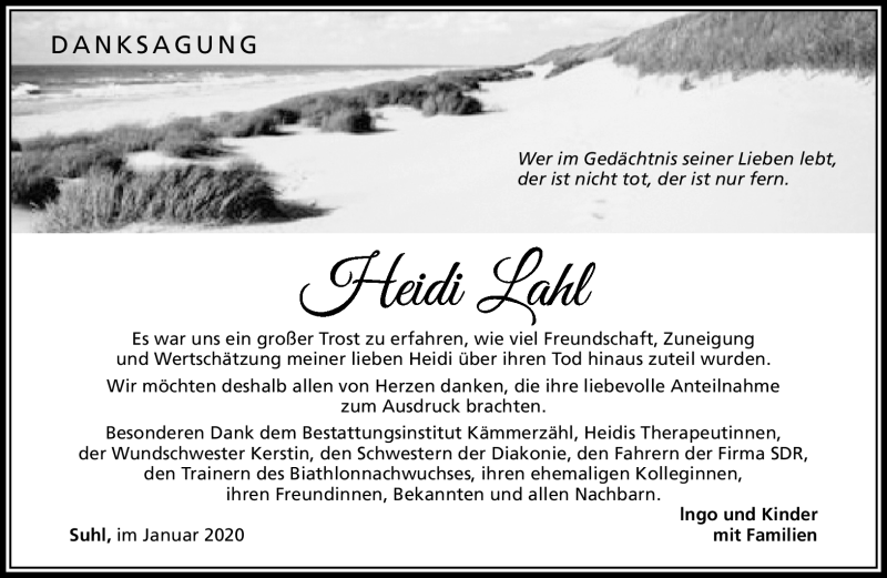  Traueranzeige für Heidi Lahl vom 25.01.2020 aus Südthüringer Presse