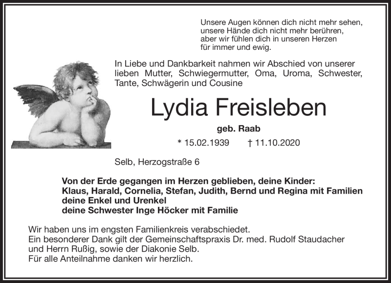  Traueranzeige für Lydia Freisleben vom 15.10.2020 aus Frankenpost