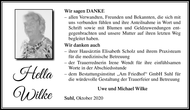  Traueranzeige für Hella Wilke vom 30.10.2020 aus Südthüringer Presse