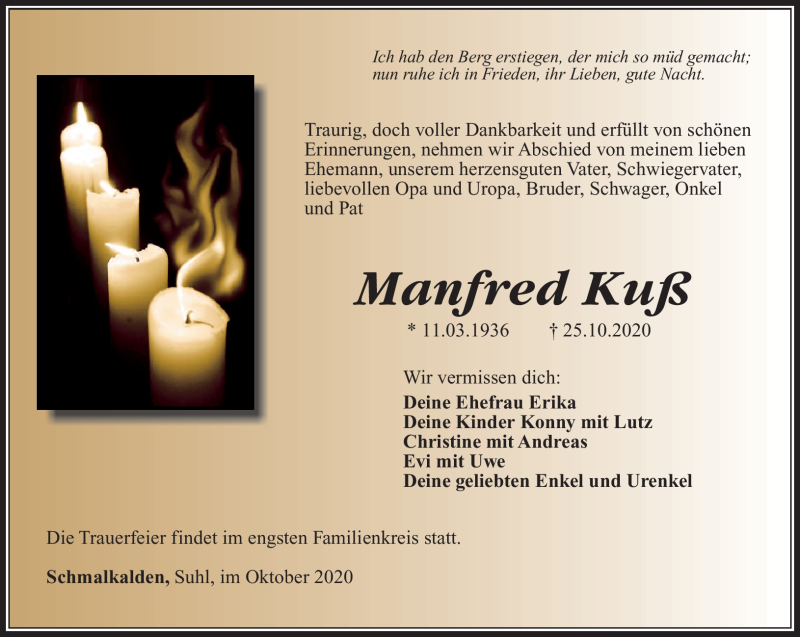  Traueranzeige für Manfred Kuß vom 30.10.2020 aus Südthüringer Presse