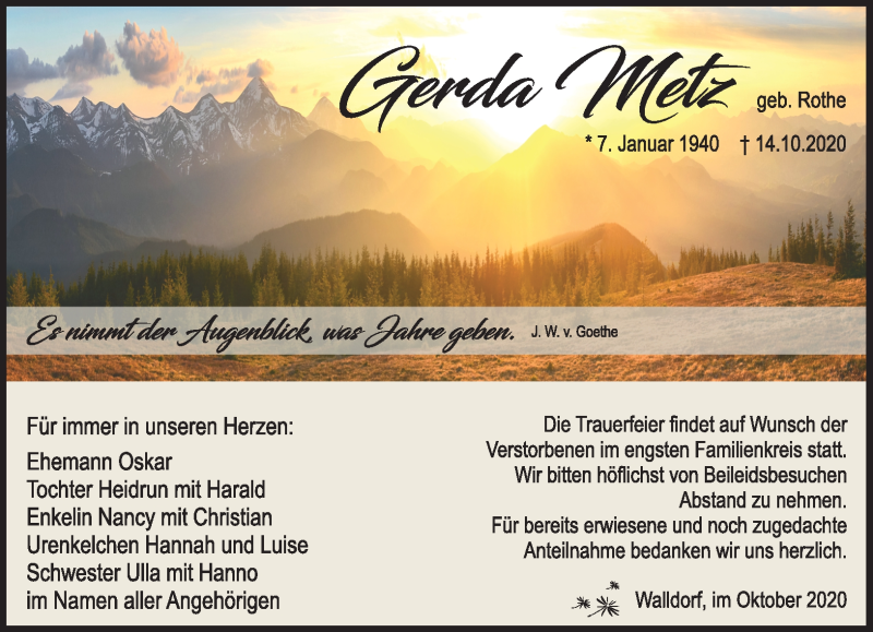  Traueranzeige für Gerda Metz vom 17.10.2020 aus Südthüringer Presse