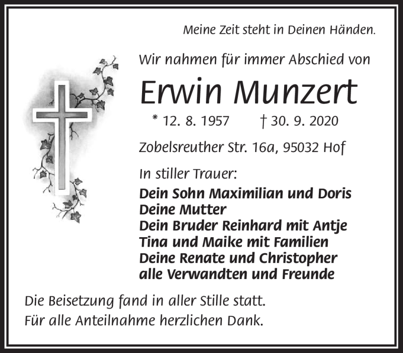  Traueranzeige für Erwin Munzert vom 17.10.2020 aus Frankenpost