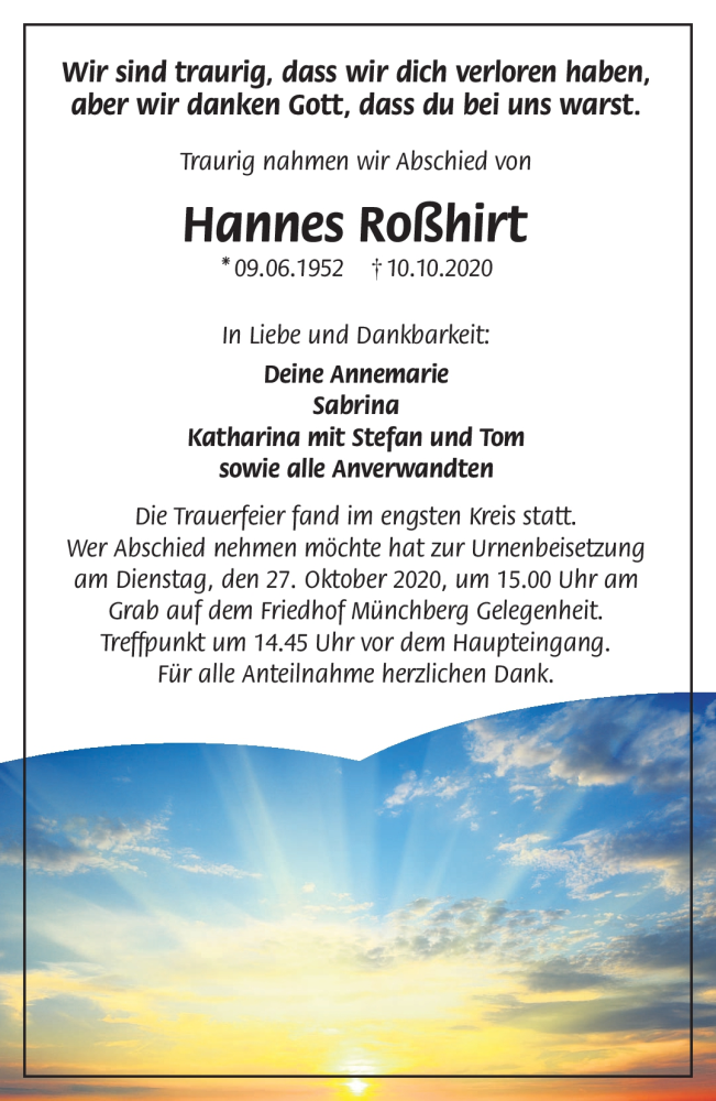  Traueranzeige für Hannes Roßhirt vom 17.10.2020 aus Frankenpost